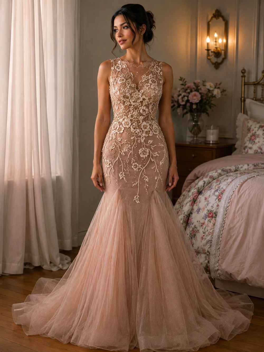 Sleeveless Lace Appliqué Mermaid Gown in Blush